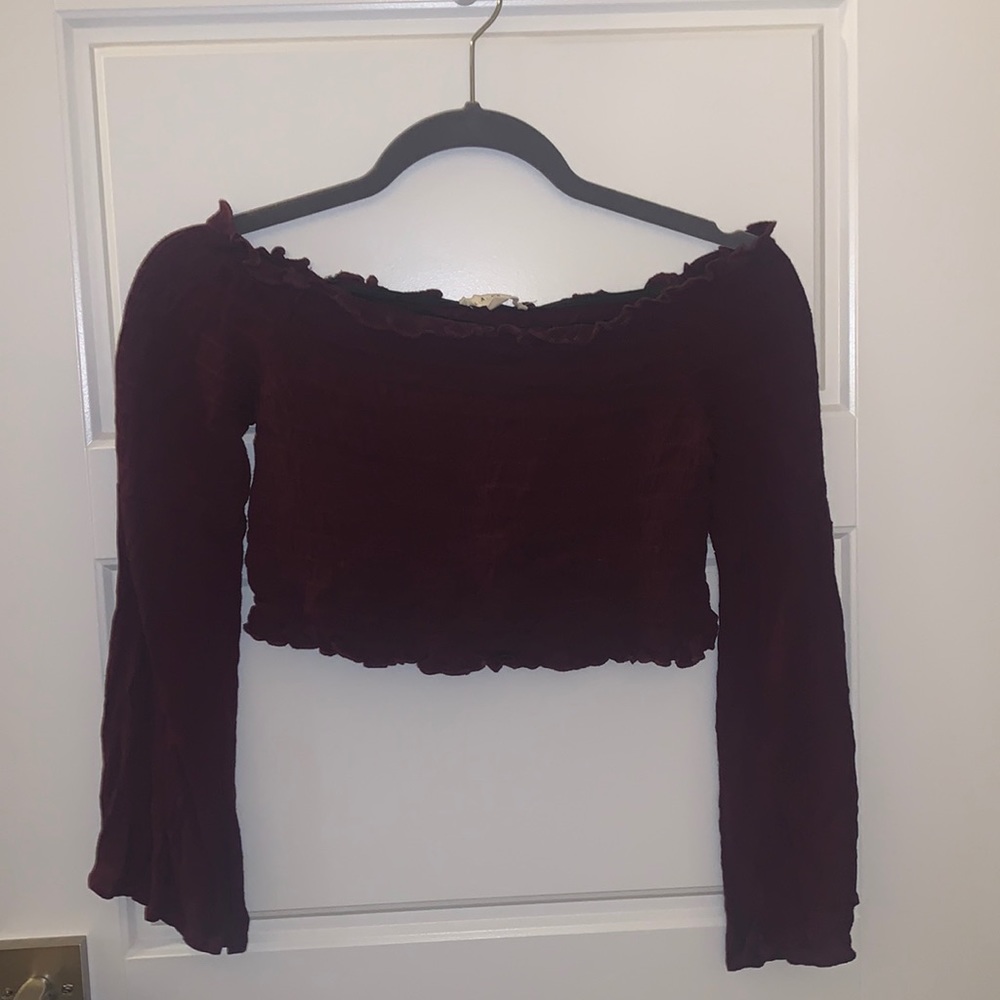 Purple off the shoulder scrunch material crop top